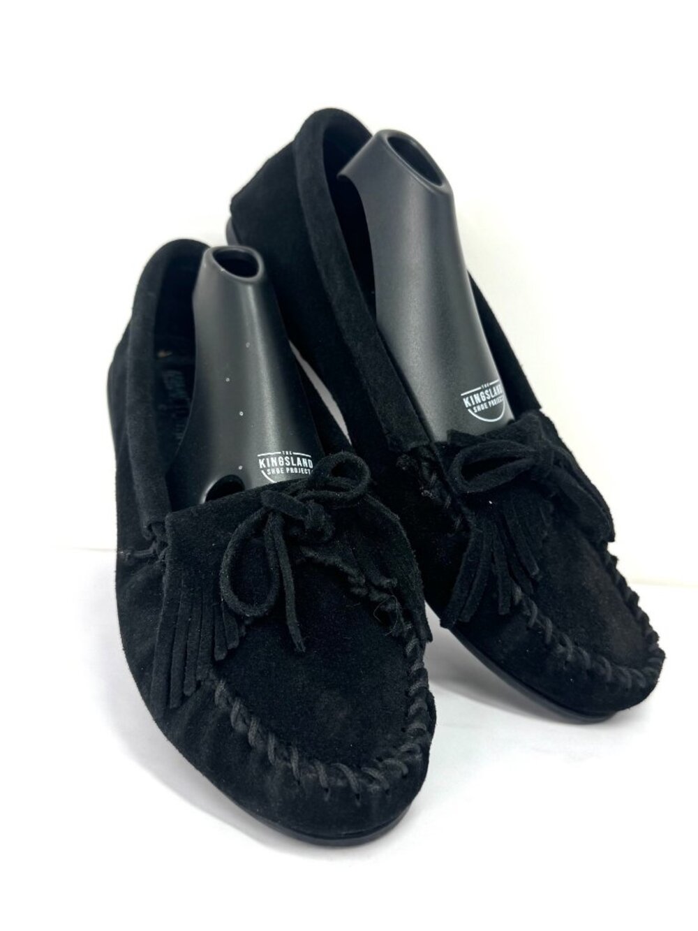 Minnetonka Moccasins Womens Size 9 Black Suede Fringe Bow Slip On Loafers